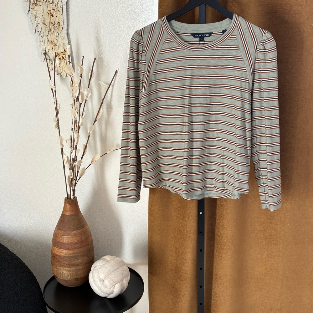 Veronica Beard Olive and Red Striped Long Sleeve Tee